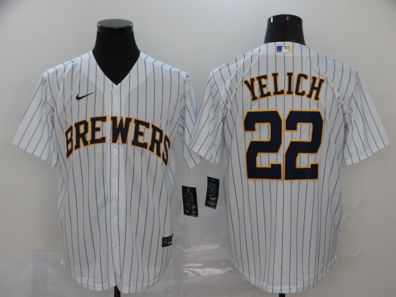 Men Milwaukee Brewers #22 Yelich White stripes Nike Game MLB Jerseys